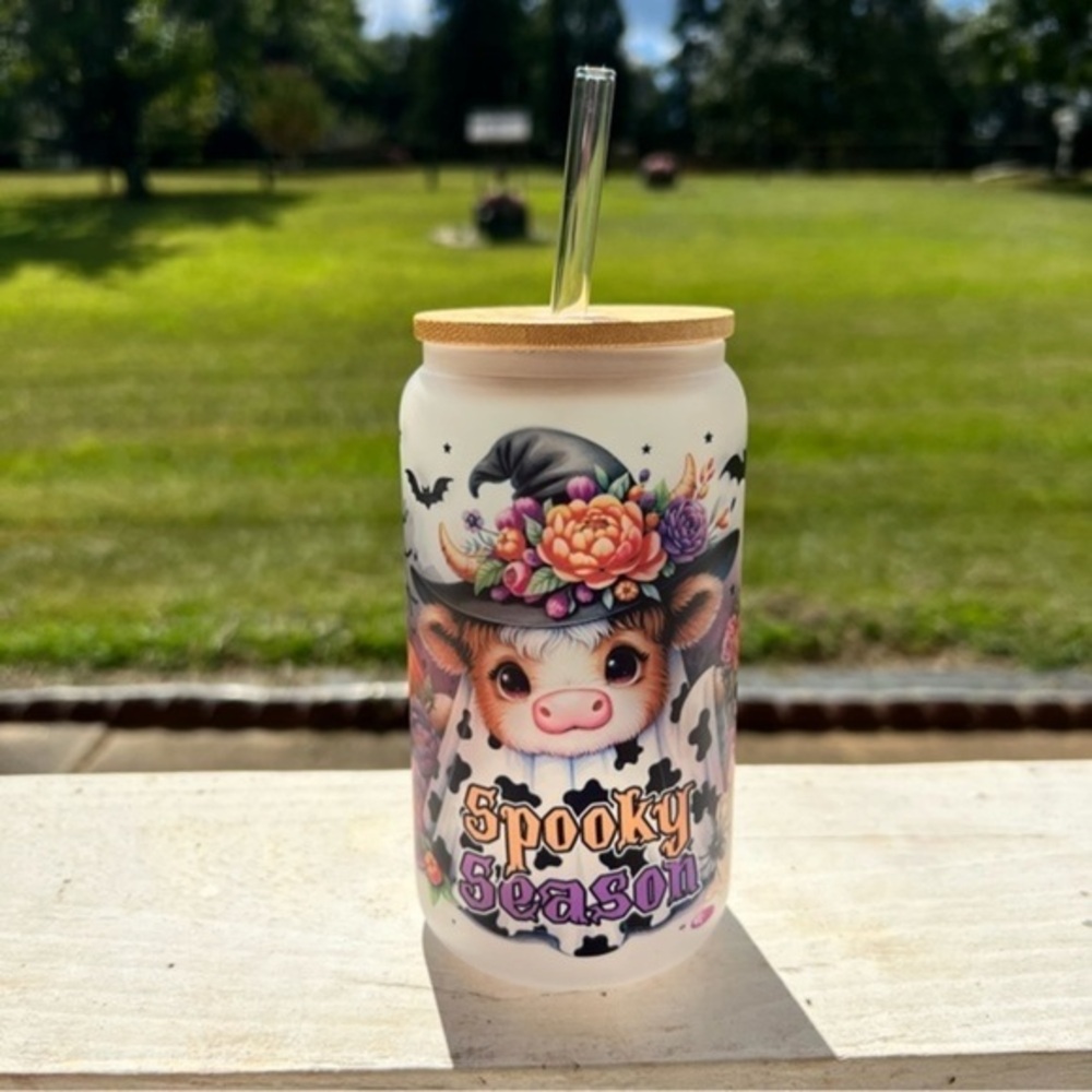 Highland Cow Halloween Spooky Season 16oz Frosted Glass